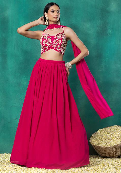 Hot Pink Lehenga Set With Floral Pearl Hand Embroidered Blouse And Choker Dupatta