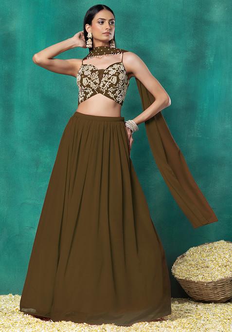 Copper Lehenga Set With Floral Pearl Hand Embroidered Blouse And Choker Dupatta