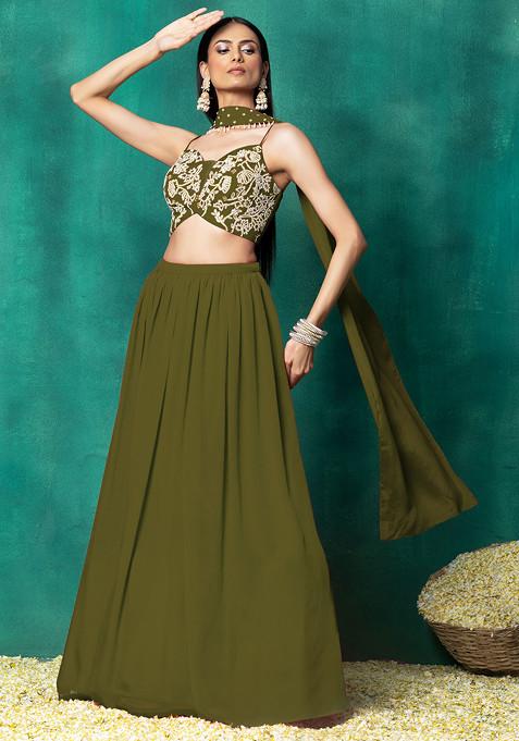 Olive Green Lehenga Set With Floral Pearl Hand Embroidered Blouse And Choker Dupatta