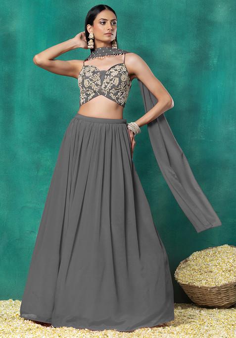 Grey Lehenga Set With Floral Pearl Hand Embroidered Blouse And Choker Dupatta