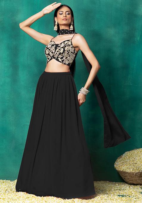 Black Lehenga Set With Floral Pearl Hand Embroidered Blouse And Choker Dupatta