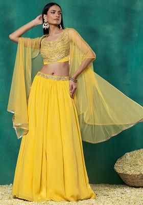 Yellow Lehenga Set With Sequin Dori Hand Embroidered Blouse And Mesh Dupatta