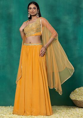Mustard Yellow Lehenga Set With Sequin Dori Hand Embroidered Blouse And Mesh Dupatta