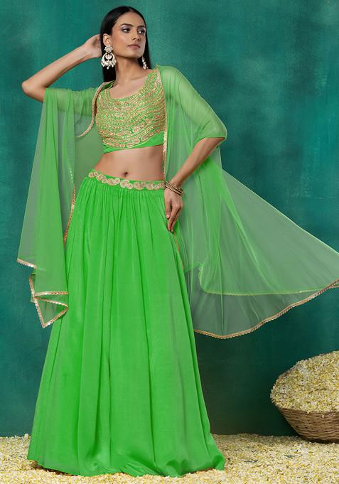 Green Lehenga Set With Sequin Dori Hand Embroidered Blouse And Mesh Dupatta