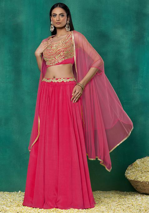 Hot Pink Lehenga Set With Sequin Dori Hand Embroidered Blouse And Mesh Dupatta