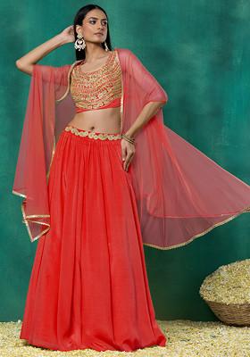 Orange Lehenga Set With Sequin Dori Hand Embroidered Blouse And Mesh Dupatta