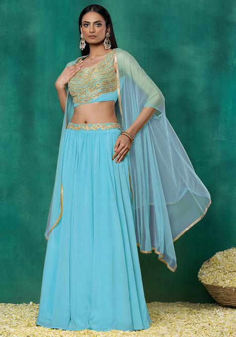 Steel Blue Lehenga Set With Sequin Dori Hand Embroidered Blouse And Mesh Dupatta