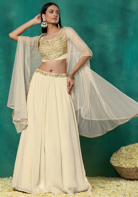 Ivory Lehenga Set With Sequin Dori Hand Embroidered Blouse And Mesh Dupatta