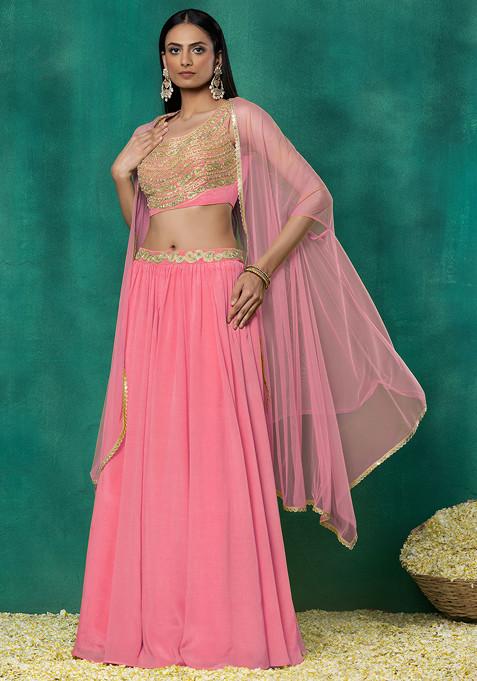 Pink Lehenga Set With Sequin Dori Hand Embroidered Blouse And Mesh Dupatta