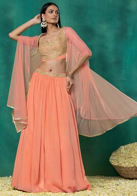 Salmon Pink Lehenga Set With Sequin Dori Hand Embroidered Blouse And Mesh Dupatta