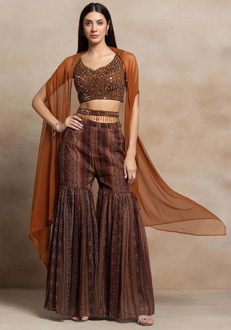 Brown Printed Sharara And Mirror Embellished Blouse Set With Jacket And Belt