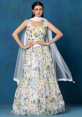 White Botanical Print Lehenga Set With Embellished Blouse And Dupatta