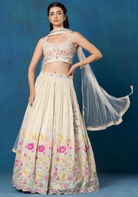 Off White Floral Zari Embroidered Lehenga Set With Embellished Blouse And Dupatta