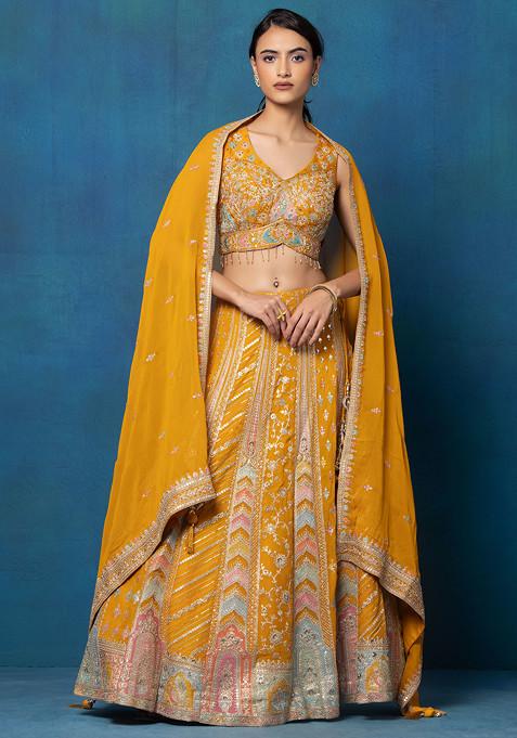 Mustard Lehenga Set With Mirror Embroidered Blouse And Dupatta