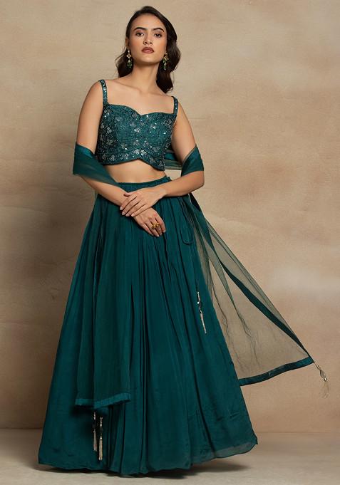 Deep Green Lehenga Set With Floral Sequin Bead Embellished Blouse And Dupatta