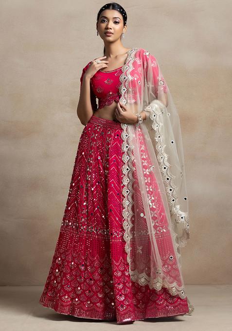 Hot Pink Sequin Embellished Lehenga Set With Embellished Blouse And Contrast Dupatta