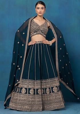 Deep Green Zari Embroidered Lehenga Set With Sequin Embellished Blouse And Dupatta