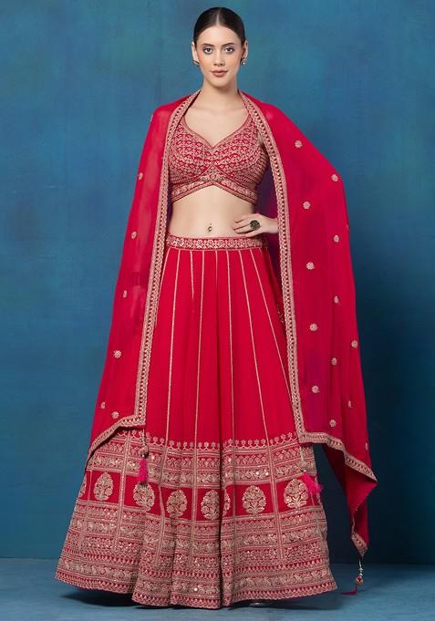 Rani Pink Zari Embroidered Lehenga Set With Sequin Embellished Blouse And Dupatta
