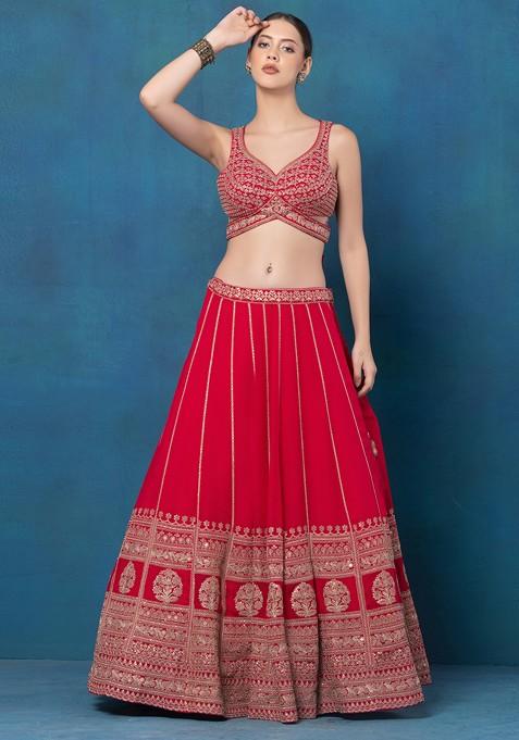 Buy Women Rani Pink Zari Embroidered Lehenga Set With Sequin ...