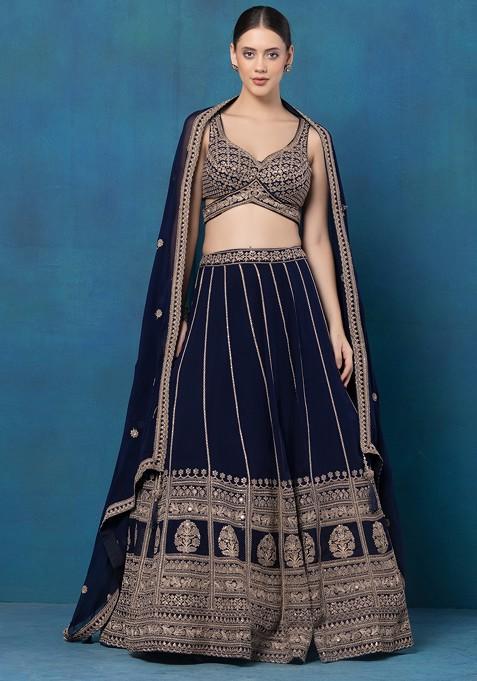 Navy Blue Zari Embroidered Lehenga Set With Sequin Embellished Blouse And Dupatta