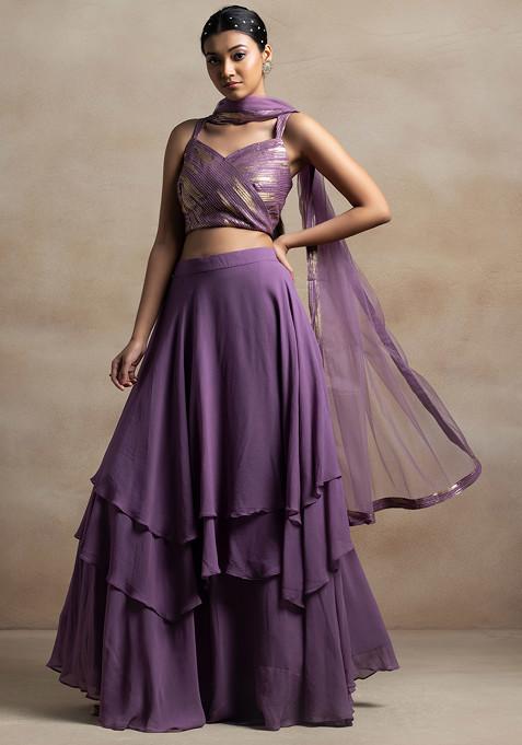 Lilac Layered Lehenga Set With Sequin Embellished Blouse And Dupatta