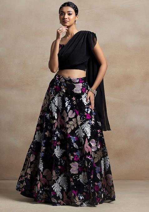 Black Multicolour Sequin Embellished Lehenga Set With Embellished Blouse And Attached Dupatta
