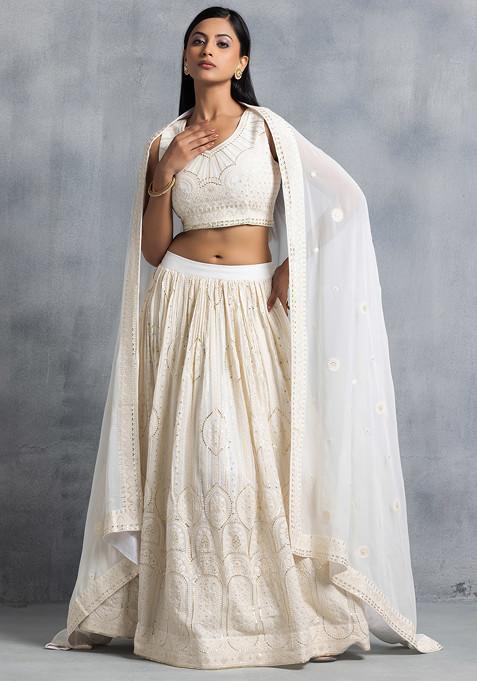 White Sequin Thread Embroidered Lehenga Set With Embroidered Blouse And Dupatta