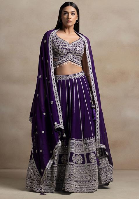 Purple Zari Sequin Embellished Lehenga Set With Floral Sequin Embroidered Blouse And Dupatta