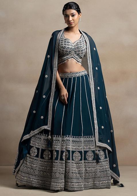 Blue Zari Sequin Embellished Lehenga Set With Floral Sequin Embroidered Blouse And Dupatta