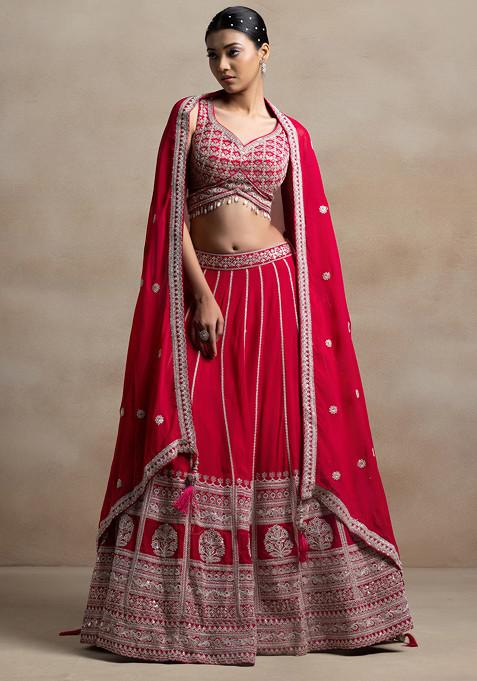 Hot Pink Zari Sequin Embellished Lehenga Set With Floral Sequin Embroidered Blouse And Dupatta