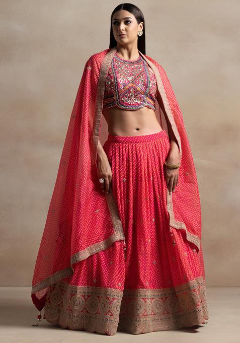 Pink Printed Lehenga Set With Floral Zari Embroidered Blouse And Dupatta