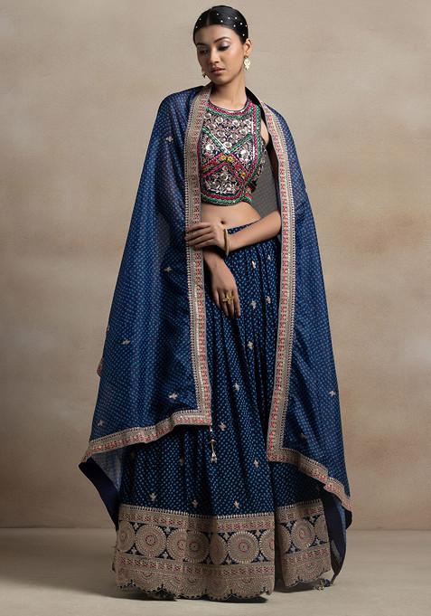 Blue Printed Lehenga Set With Floral Zari Embroidered Blouse And Dupatta