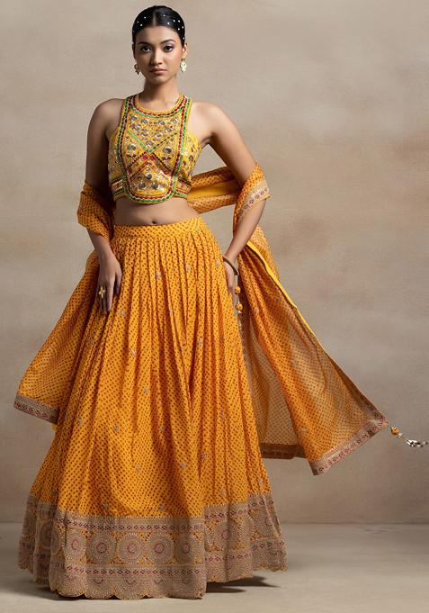 Yellow Printed Lehenga Set With Floral Zari Embroidered Blouse And Dupatta