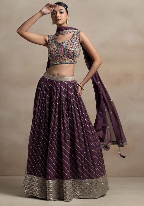 Wine Sequin Embellished Lehenga Set With Floral Zari Embroidered Blouse And Dupatta