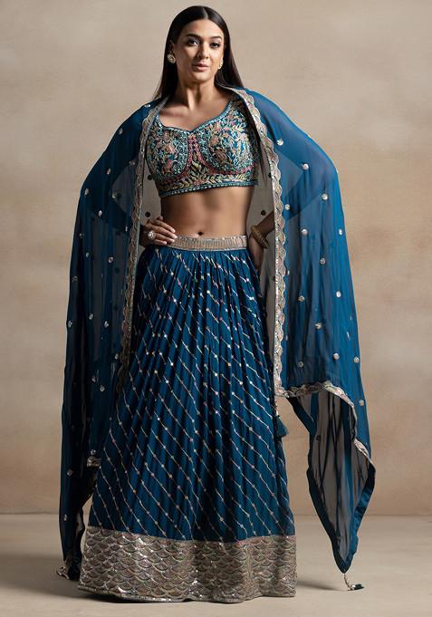 Teal Blue Sequin Embellished Lehenga Set With Floral Zari Embroidered Blouse And Dupatta