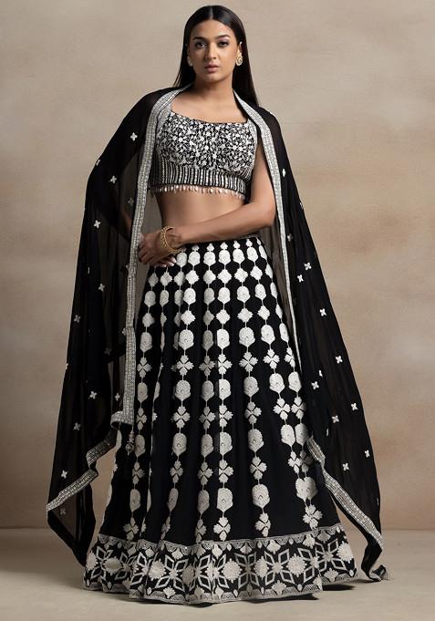 Black Floral Thread Sequin Embroidered Lehenga Set With Embroidered Blouse And Dupatta