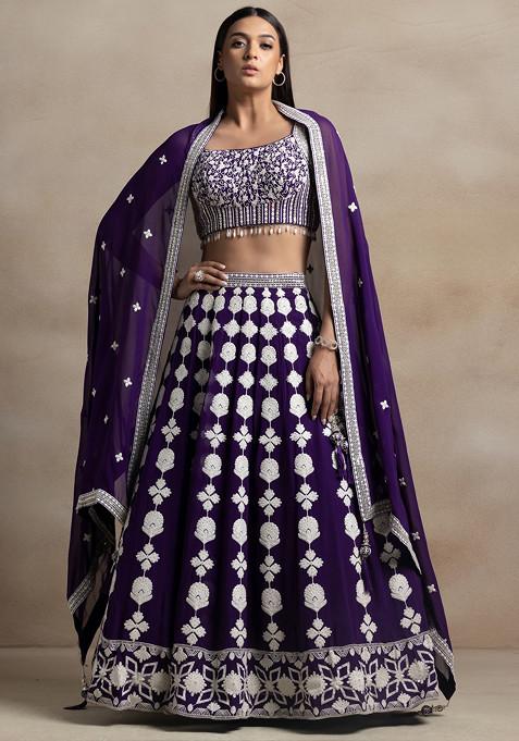 Purple Floral Thread Sequin Embroidered Lehenga Set With Embroidered Blouse And Dupatta