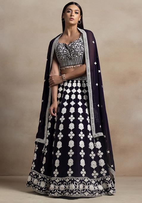 Navy Blue Floral Thread Sequin Embroidered Lehenga Set With Embroidered Blouse And Dupatta