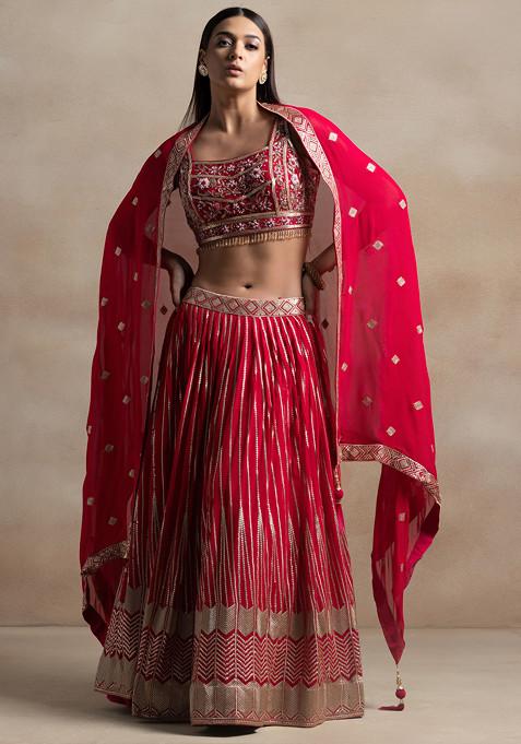 Rani Pink Sequin Embellished Lehenga Set With Sequin Hand Embroidered Blouse And Dupatta