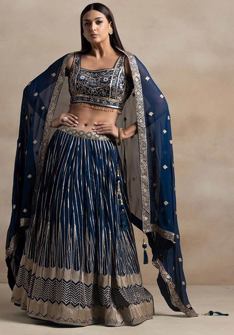 Teal Blue Sequin Embellished Lehenga Set With Sequin Hand Embroidered Blouse And Dupatta