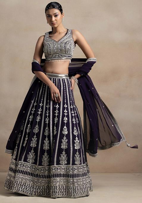 Blue Zari Sequin Embellished Lehenga Set With Floral Embroidered Blouse And Dupatta
