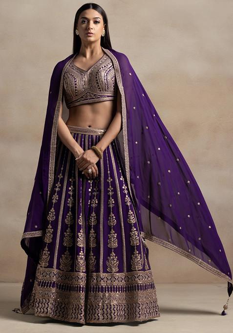 Purple Zari Sequin Embellished Lehenga Set With Floral Embroidered Blouse And Dupatta