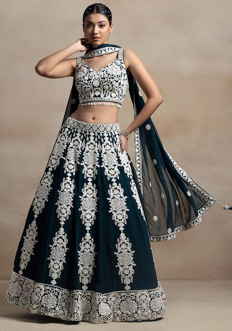 Dark Green Sequin Thread Embellished Lehenga Set With Floral Embroidered Blouse And Dupatta 