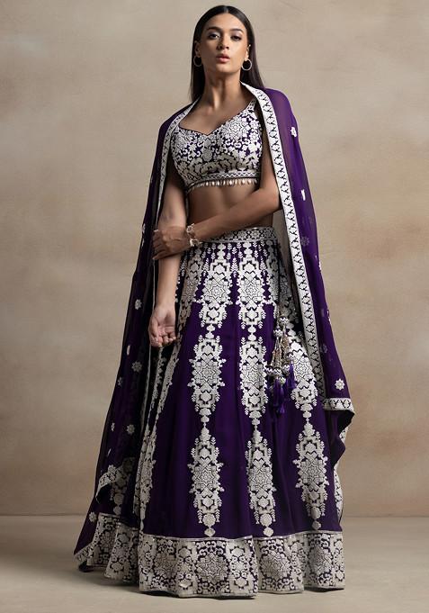 Purple Sequin Thread Embellished Lehenga Set With Floral Embroidered Blouse And Dupatta 