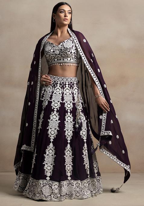 Maroon Sequin Thread Embellished Lehenga Set With Floral Embroidered Blouse And Dupatta 
