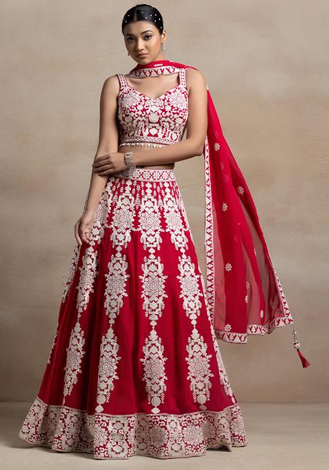 Hot Pink Sequin Thread Embellished Lehenga Set With Floral Embroidered Blouse And Dupatta 