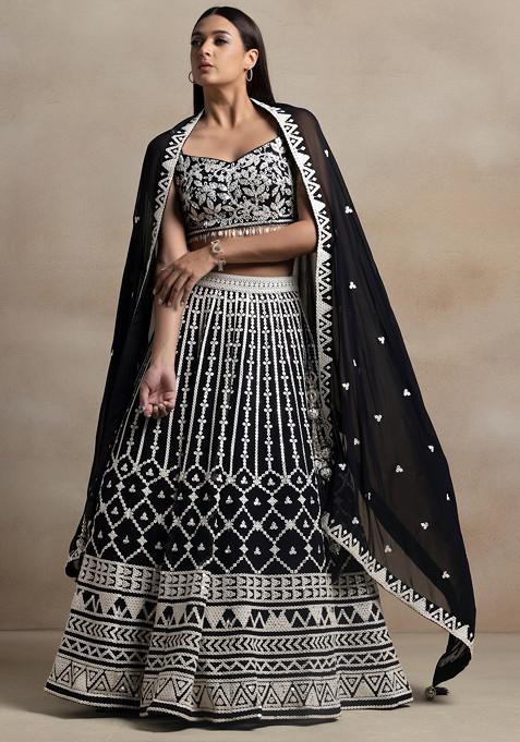 Black Sequin Thread Embellished Lehenga Set With Floral Embroidered Blouse And Dupatta 