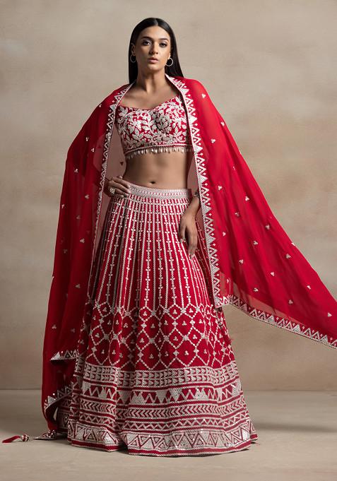 Red Sequin Thread Embellished Lehenga Set With Floral Embroidered Blouse And Dupatta 