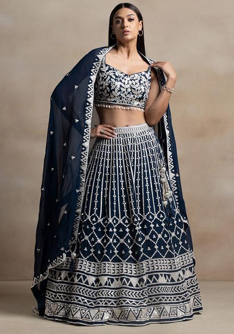 Teal Blue Sequin Thread Embellished Lehenga Set With Floral Embroidered Blouse And Dupatta 