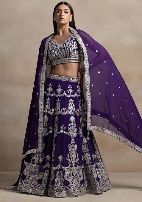 Purple Sequin Thread Embellished Lehenga Set With Floral Thread Embroidered Blouse And Dupatta